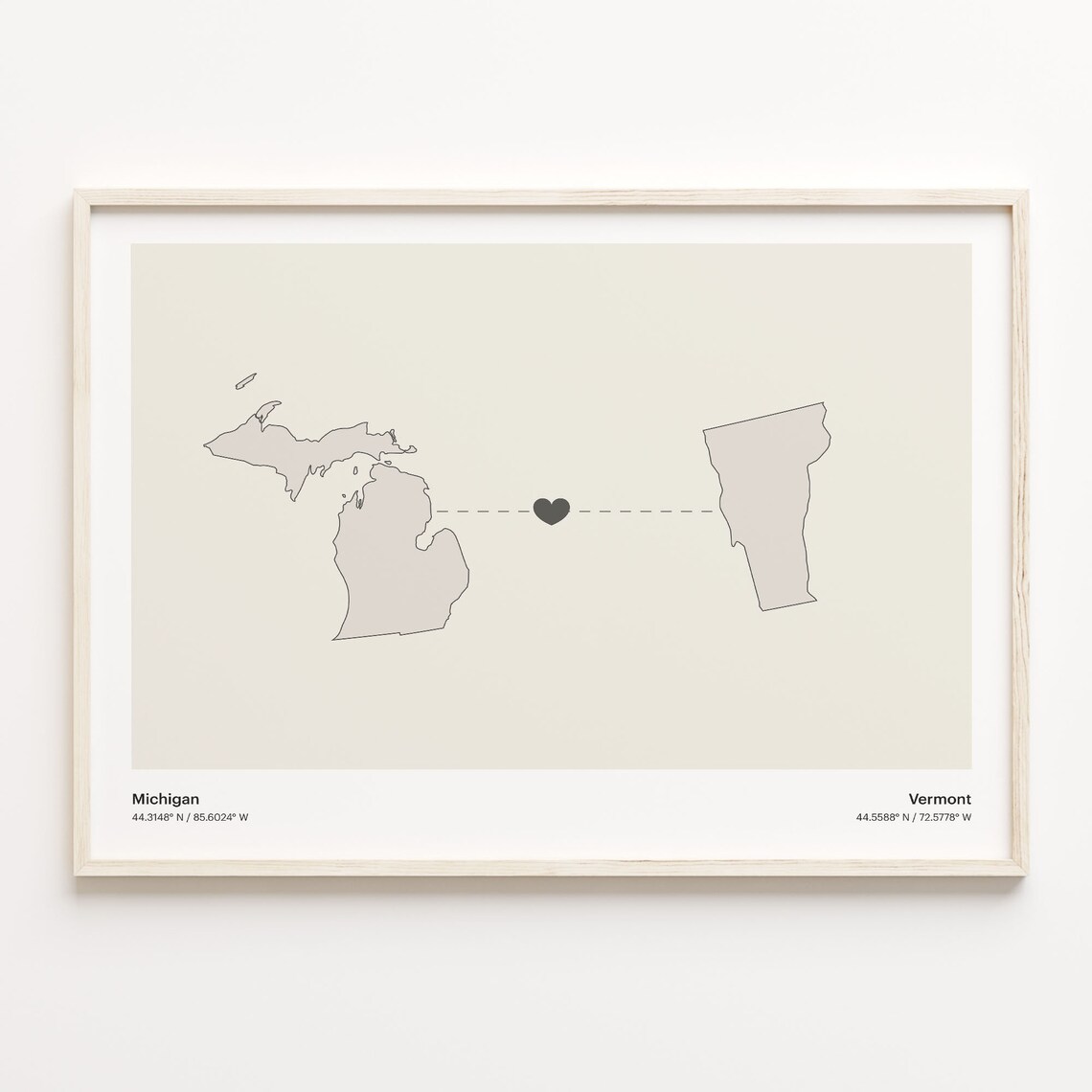 Michigan to Vermont Minimalist Long Distance Connection Map Poster