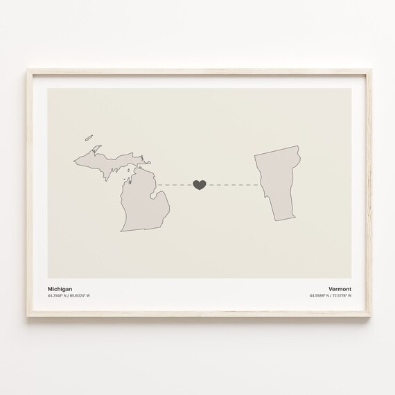 Michigan to Vermont Minimalist Long Distance Connection Map Poster