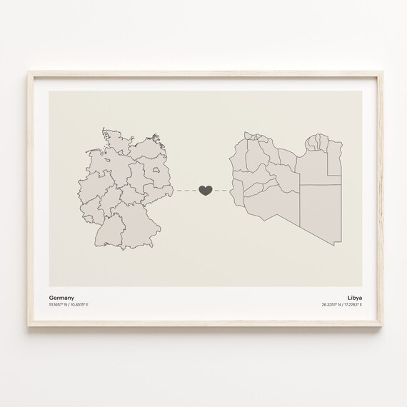 Germany Libya Heart Connection Map Minimalist Long Distance Gift Poster