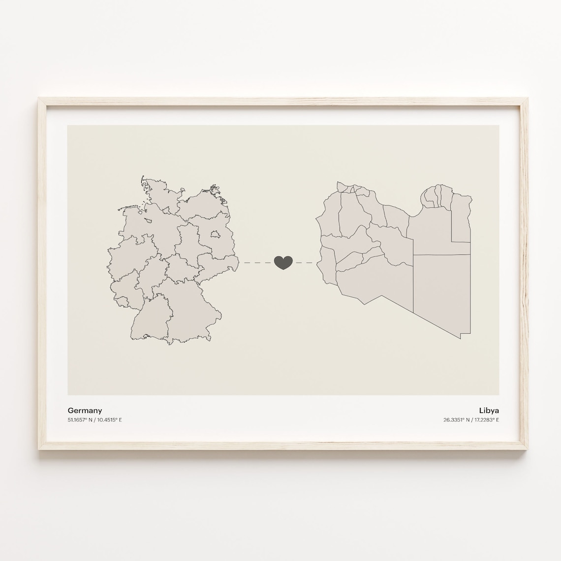 Germany Libya Heart Connection Map Minimalist Long Distance Gift Poster