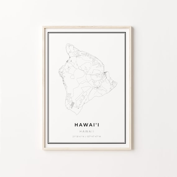 Hawaii Big Island Coastal Minimalist Black White Outline Map Poster
