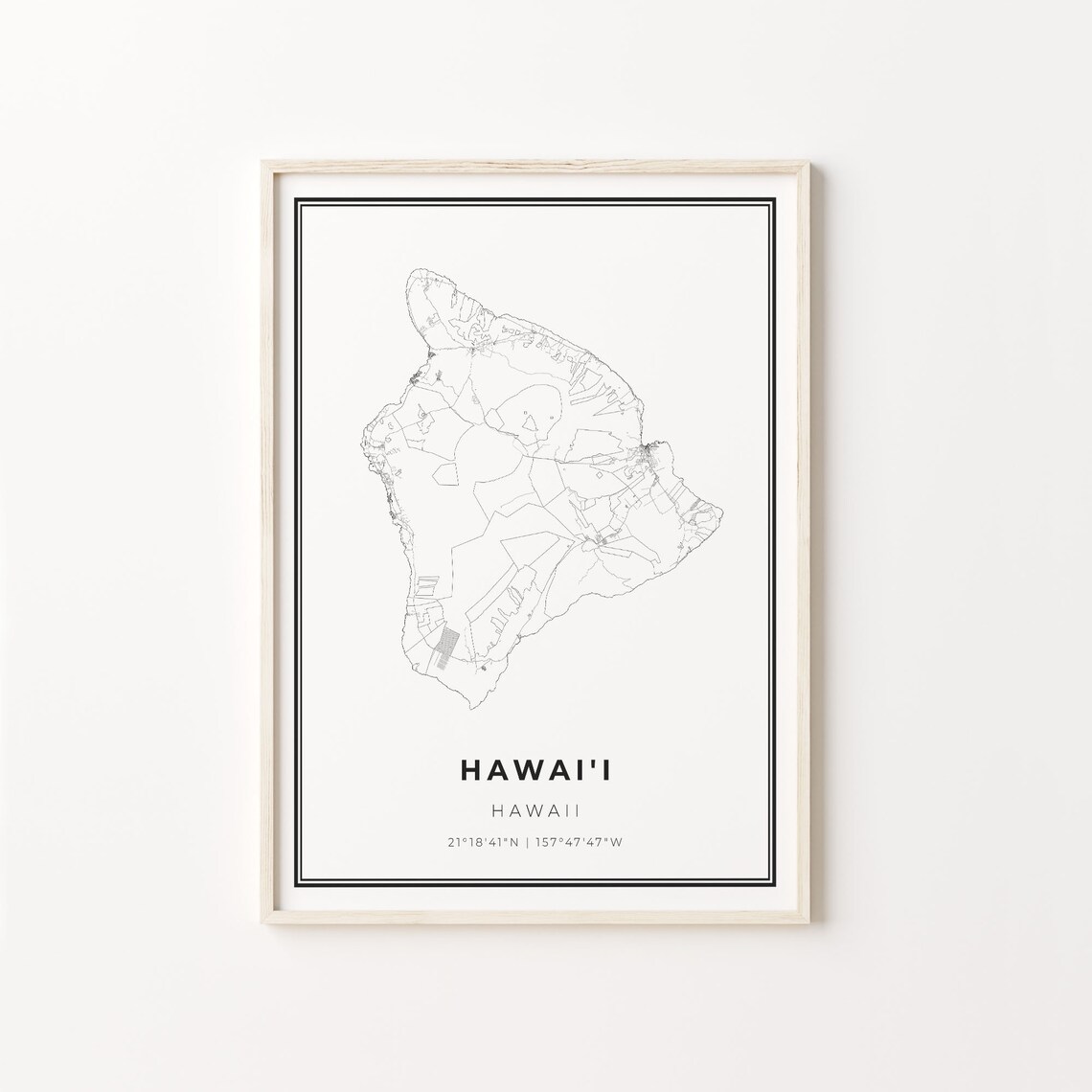 Hawaii Big Island Coastal Minimalist Black White Outline Map Poster