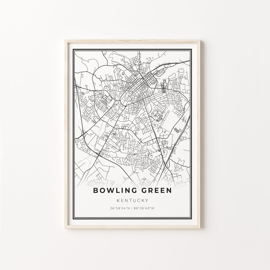 Bowling Green Kentucky Minimalist Black and White City Street Map Poster