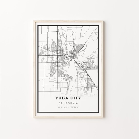 Yuba City California City Map Black White Street Line Art Minimal Poster