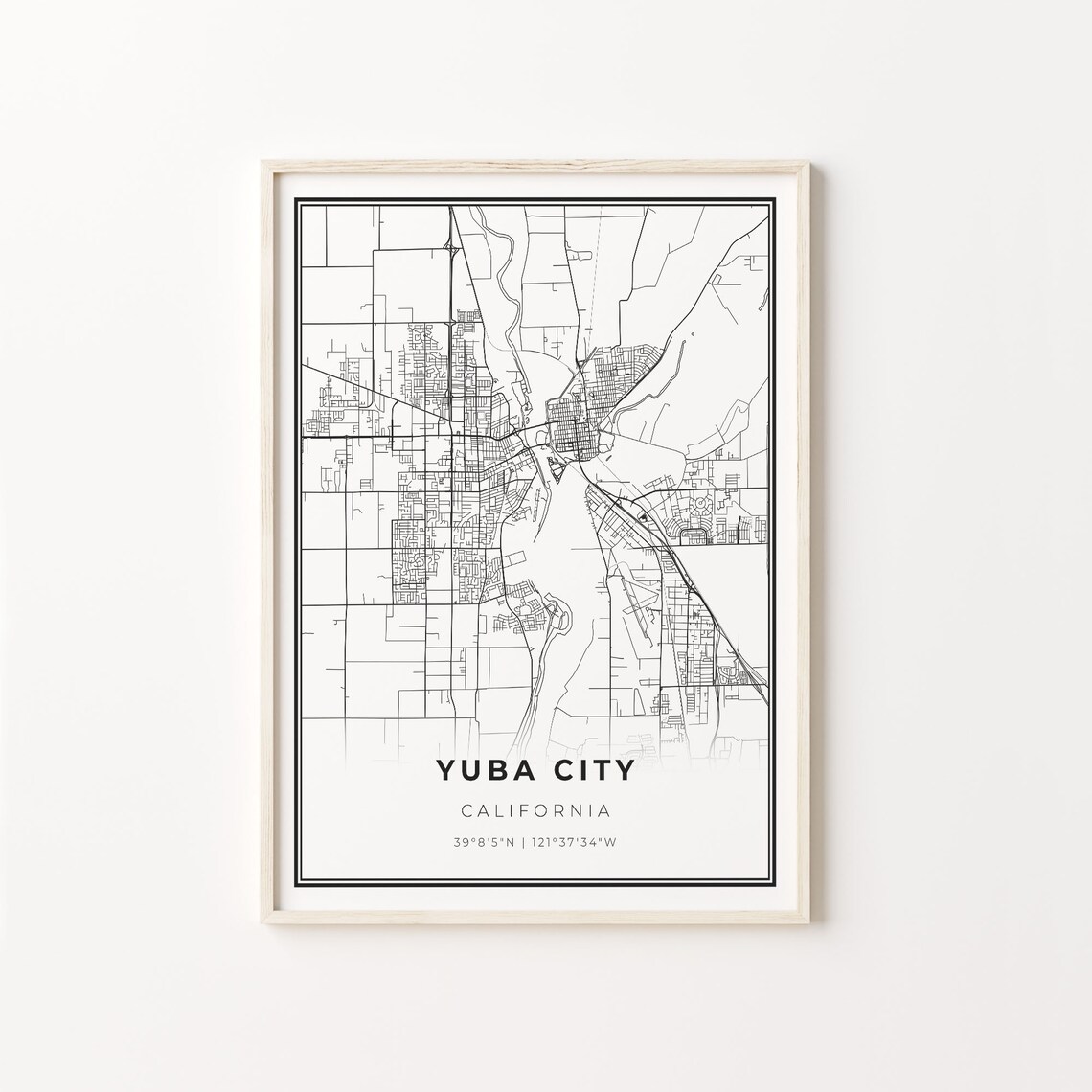 Yuba City California City Map Black White Street Line Art Minimal Poster