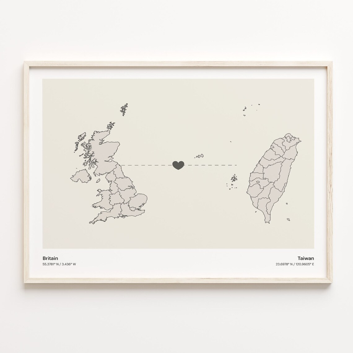 Britain to Taiwan Minimalist Long Distance Heart Connection Map Poster