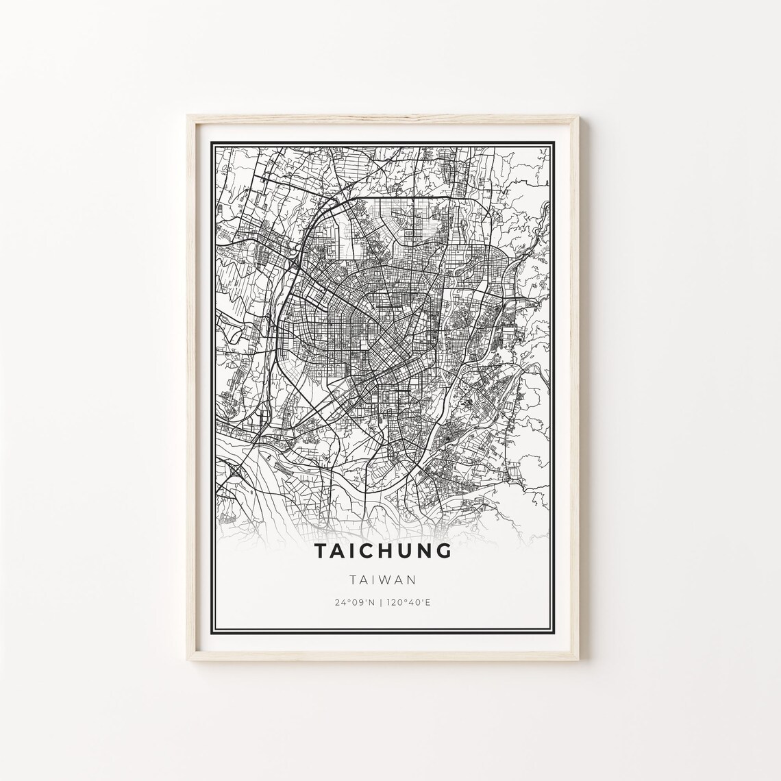 Taichung Taiwan Black White Minimalist City Street Map Art Poster