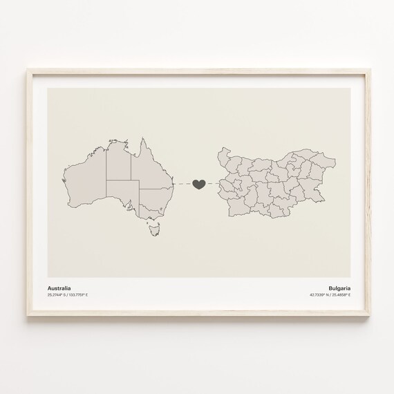 Australia and Bulgaria Minimalist Long Distance Heart Map Connection Poster