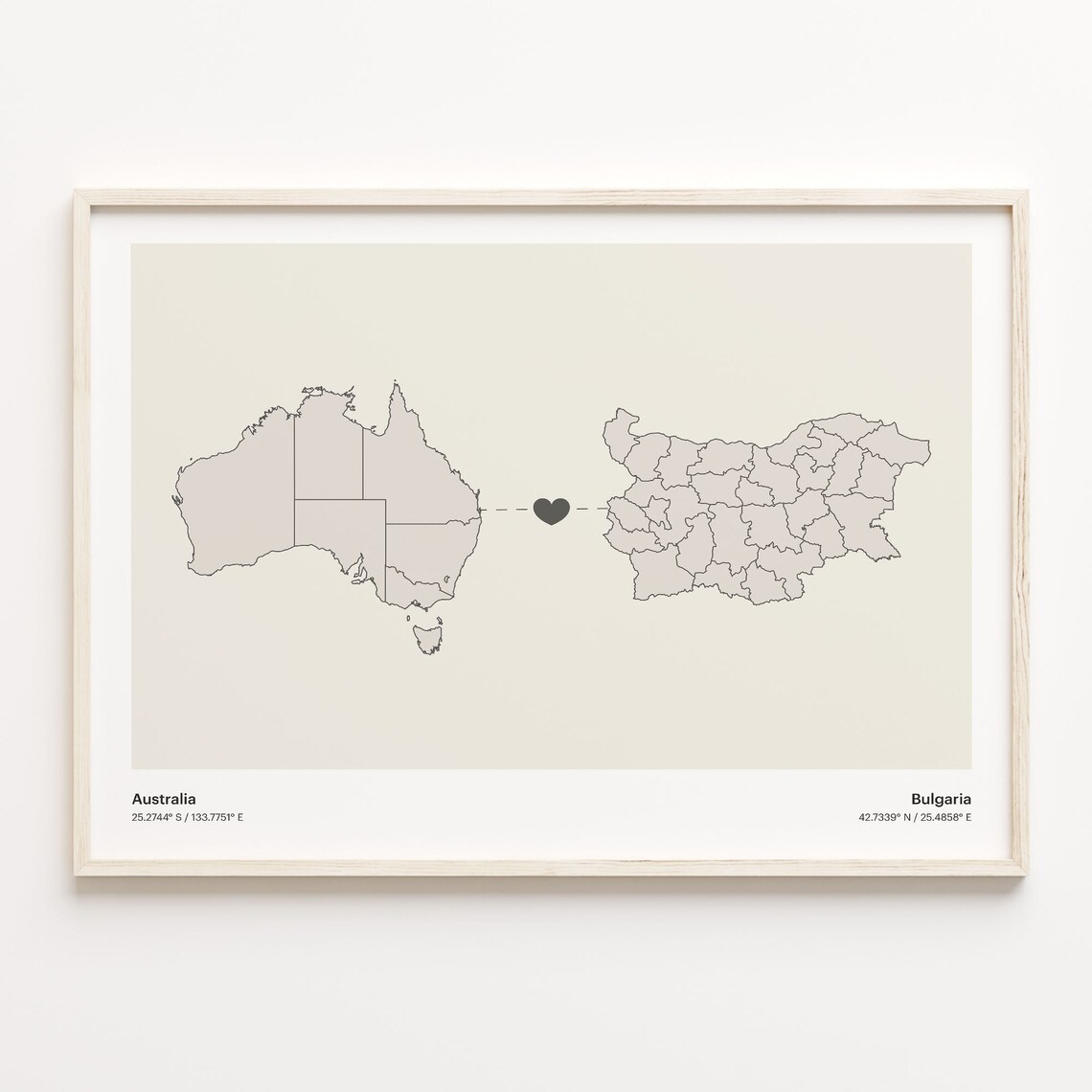 Australia and Bulgaria Minimalist Long Distance Heart Map Connection Poster