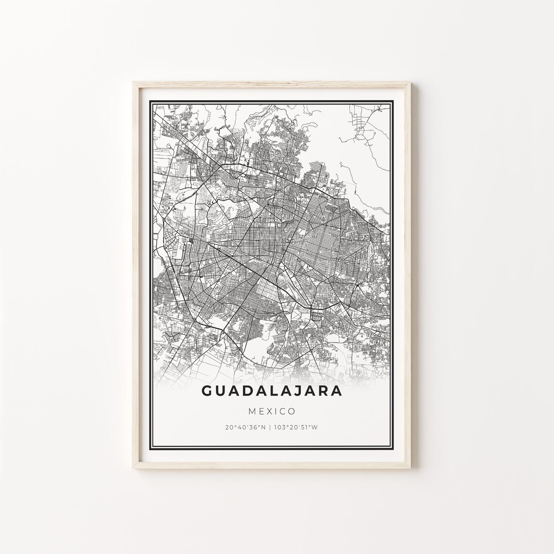 Guadalajara City Map Art Print, Modern Black and White