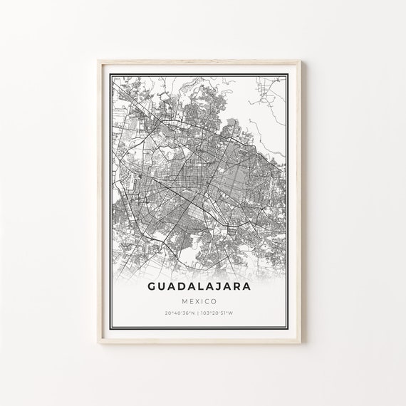 Guadalajara City Map Art Print, Modern Black and White