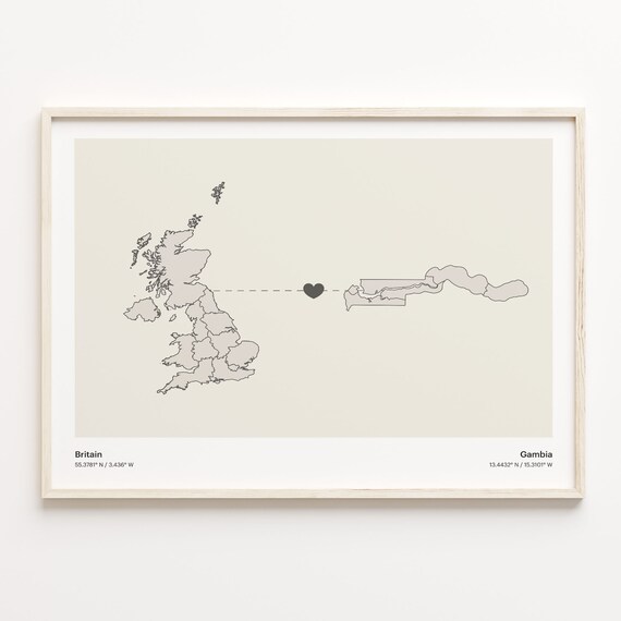 Britain To Gambia Minimal Heart Country Connection Map Poster