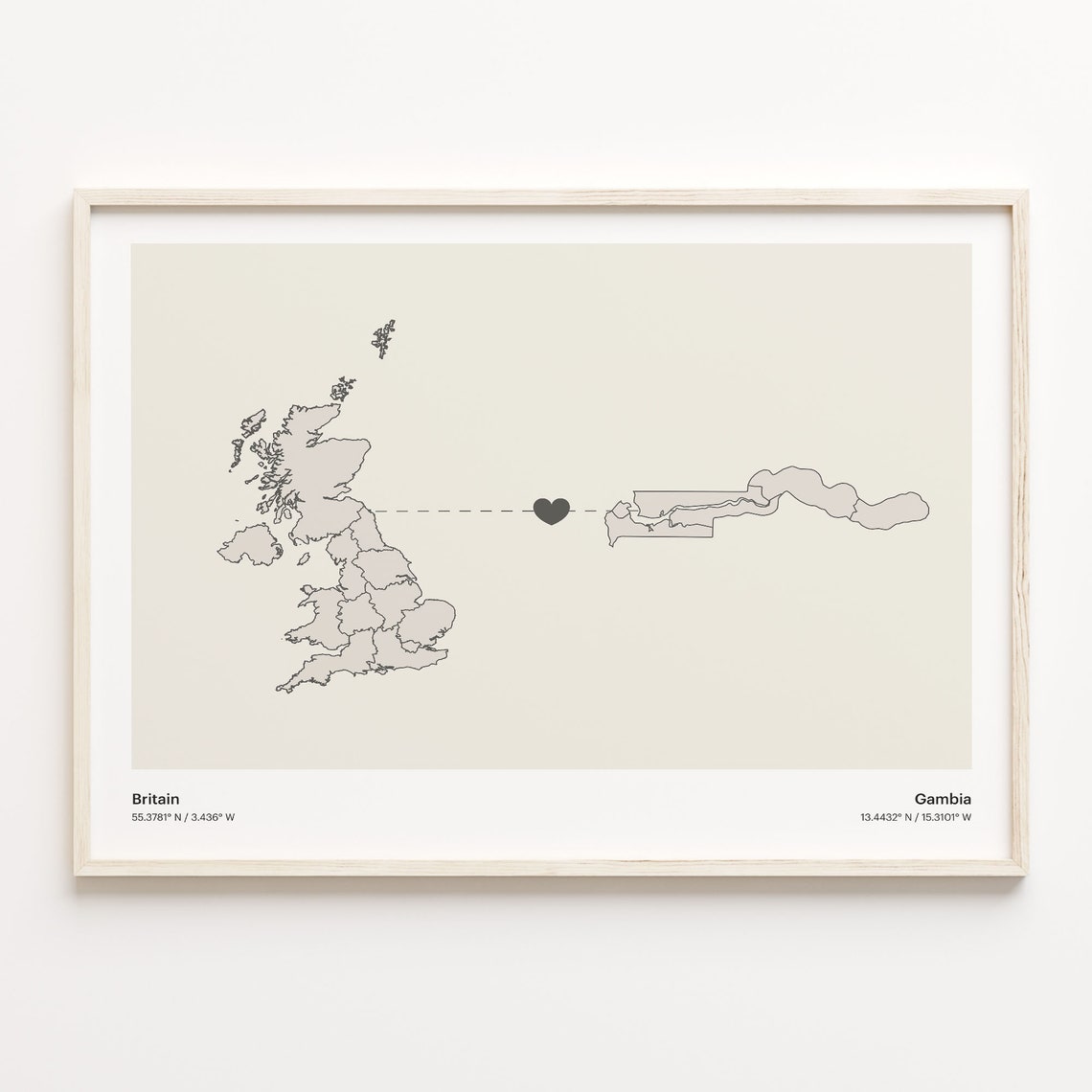 Britain To Gambia Minimal Heart Country Connection Map Poster