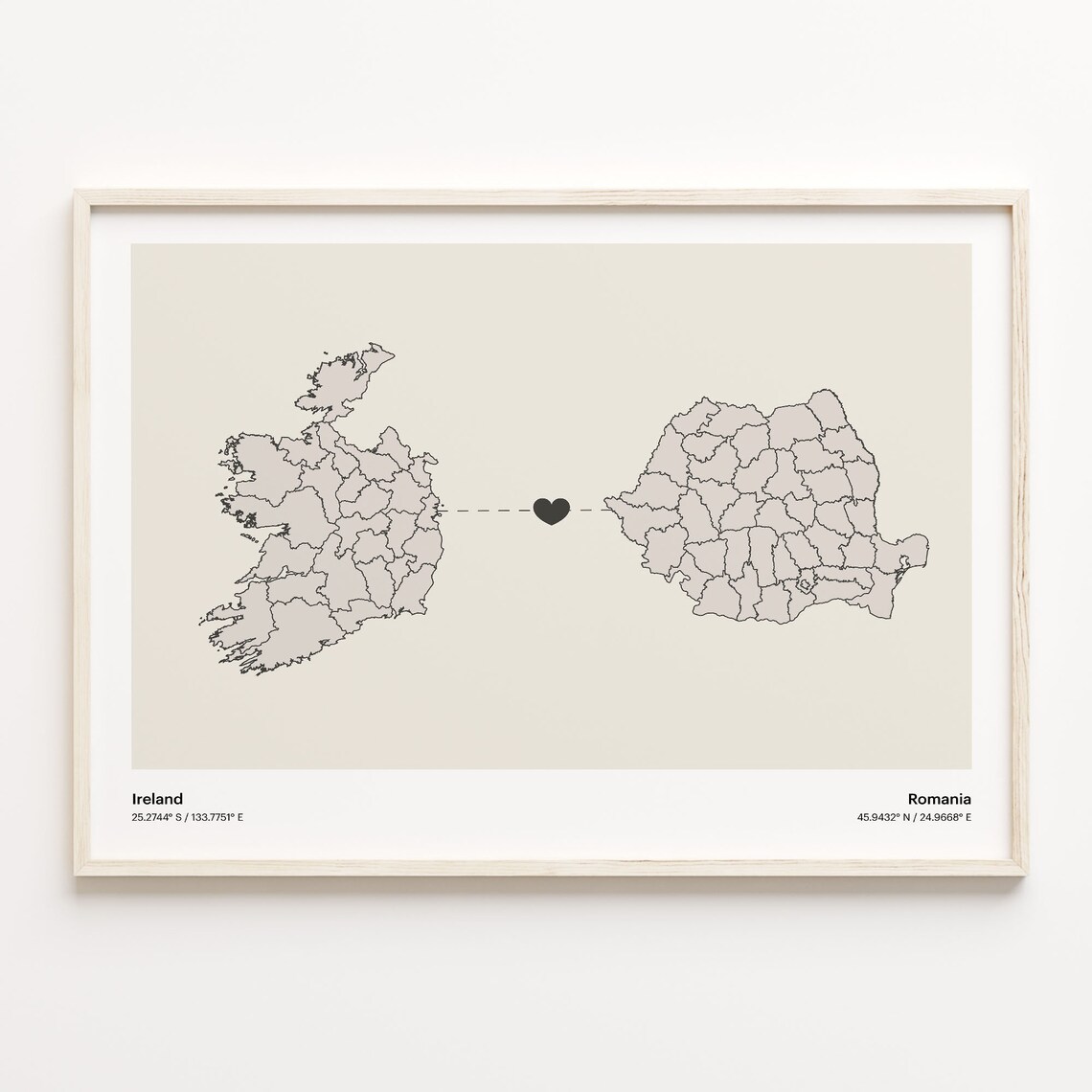 Ireland Romania Minimalist Long Distance Love Heart Map Poster