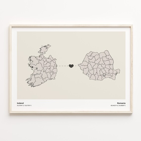 Ireland Romania Minimalist Long Distance Love Heart Map Poster