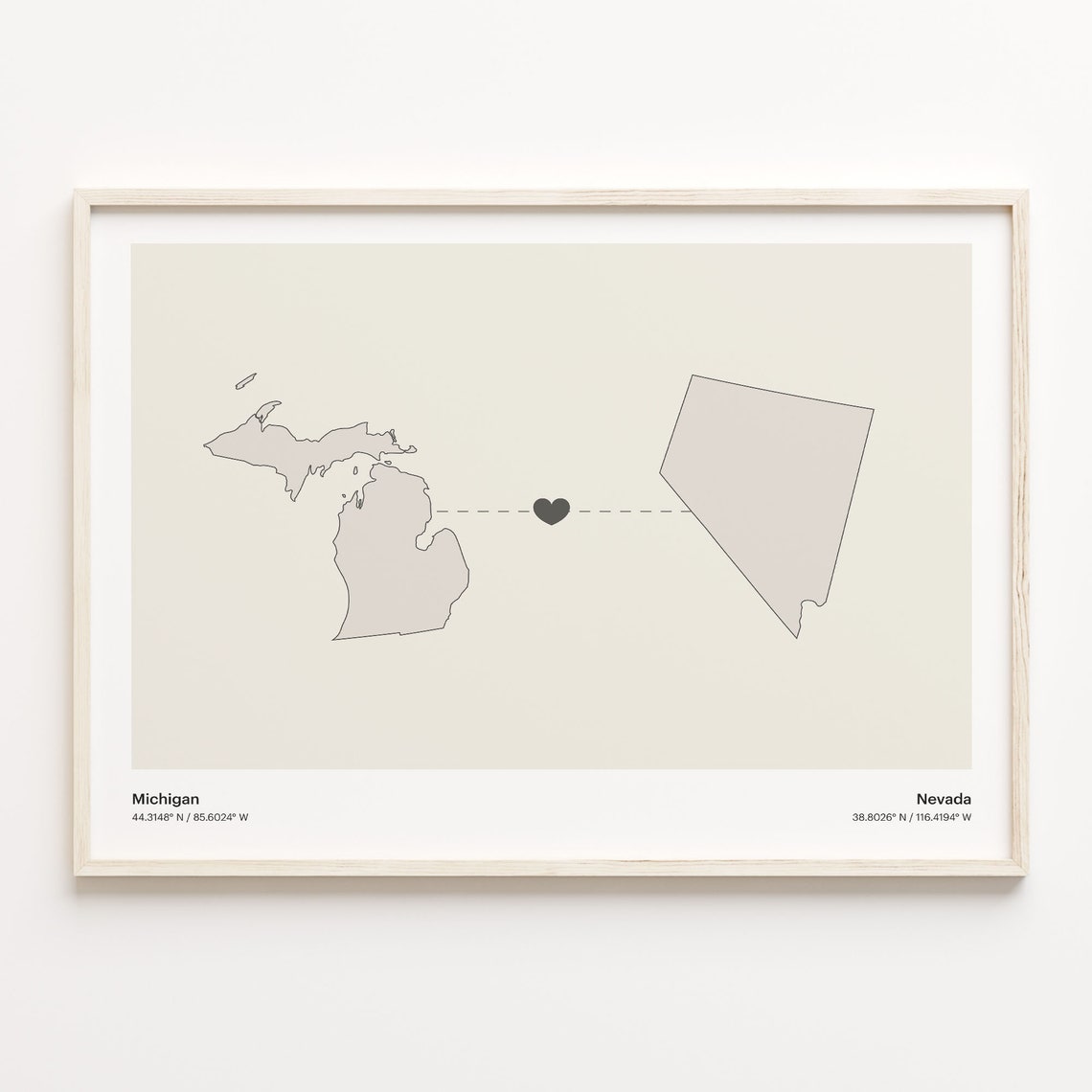 Michigan To Nevada Heart Connection Minimalist Beige Map Poster