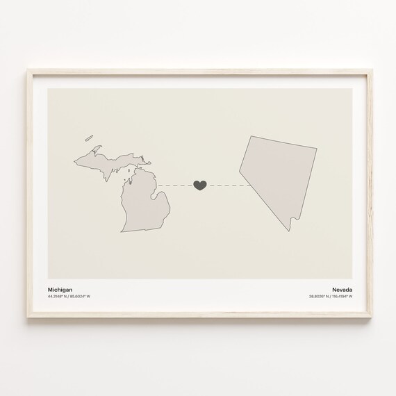 Michigan To Nevada Heart Connection Minimalist Beige Map Poster