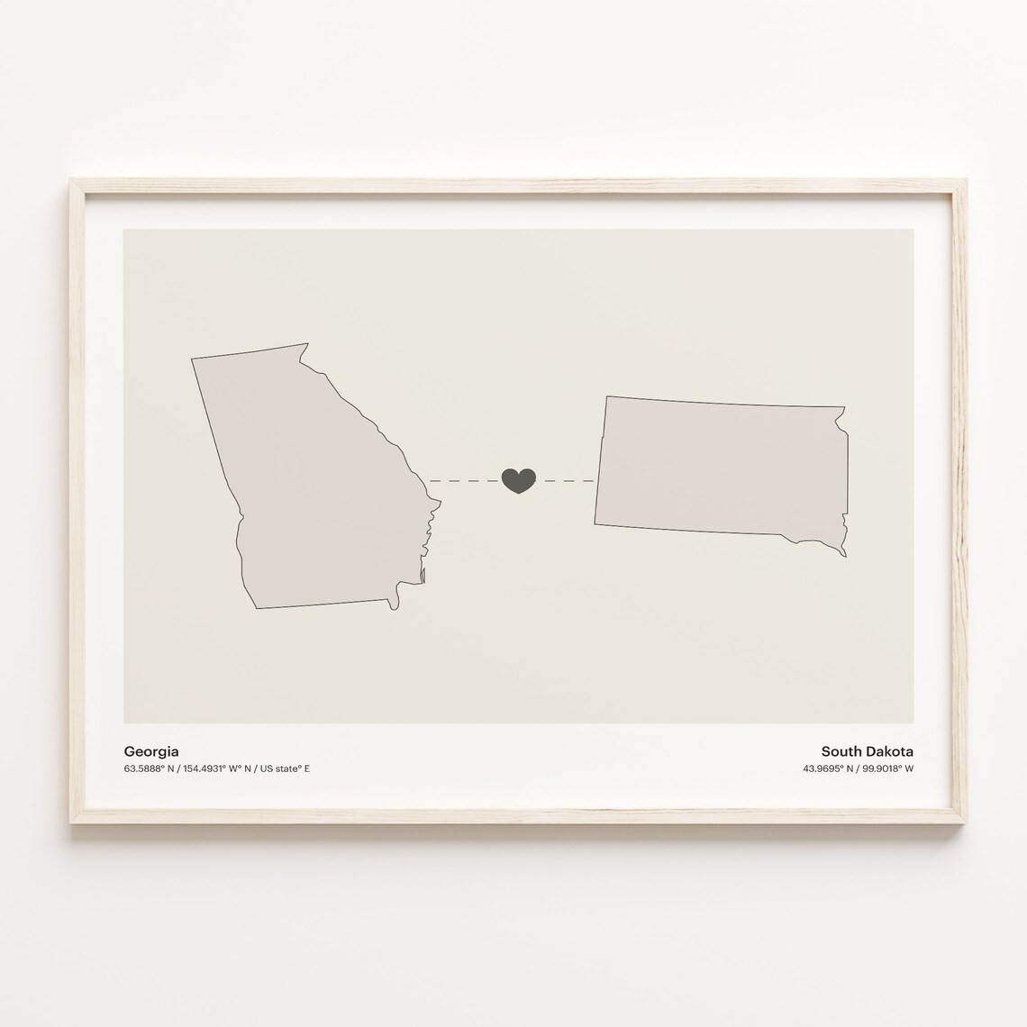 Georgia And South Dakota Long Distance Love Minimalist Heart Map Poster