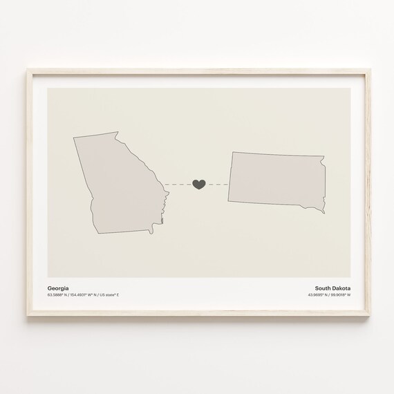 Georgia And South Dakota Long Distance Love Minimalist Heart Map Poster