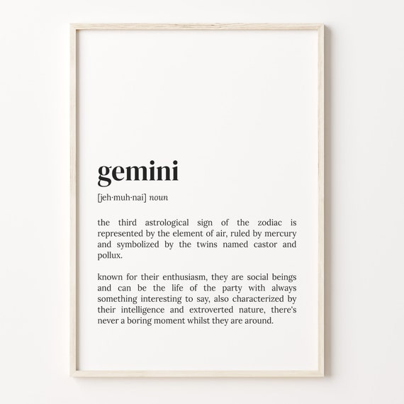 Gemini Definition Print Dictionary Poster Quote Wall Art Gemini Funny Art Zodiac Sign Gift Astrological Sign C17 174