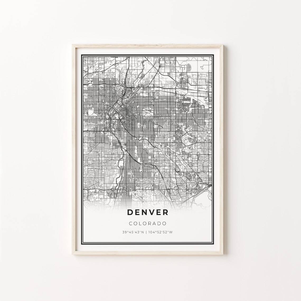 Denver City Map Art Print, Modern Black and White