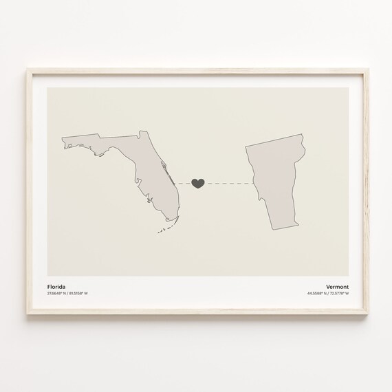 Florida and Vermont Long Distance Heart Connection Map Poster