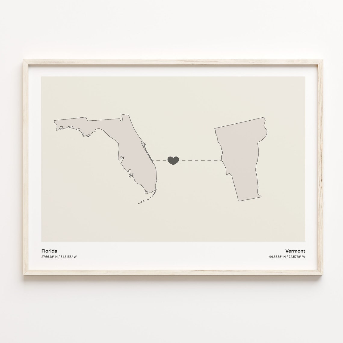 Florida and Vermont Long Distance Heart Connection Map Poster