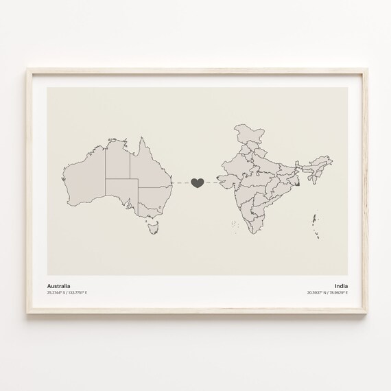 Australia to India Long Distance Heart Map Connection Poster