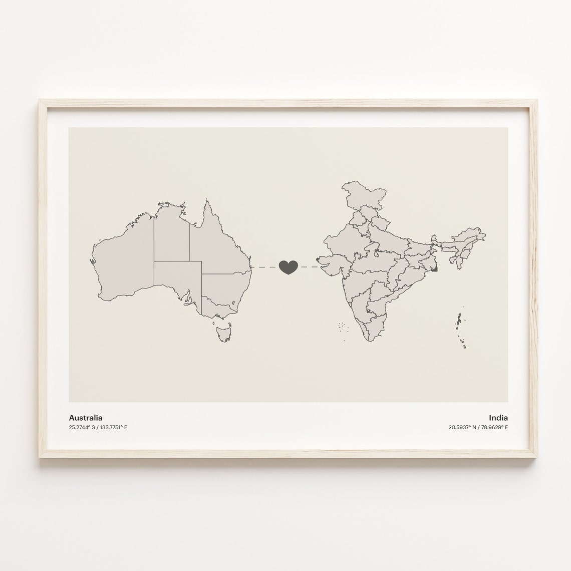 Australia to India Long Distance Heart Map Connection Poster