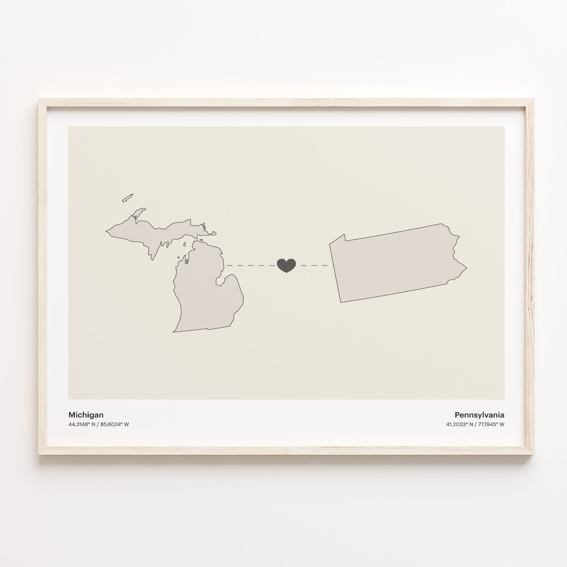 Michigan Pennsylvania Beige Minimalist Heart Connection Map Poster