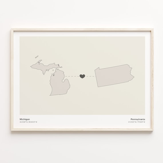 Michigan Pennsylvania Beige Minimalist Heart Connection Map Poster