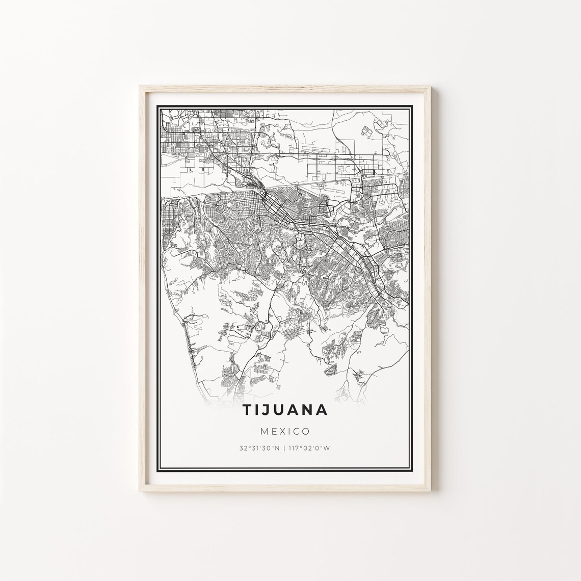 Tijuana Mexico Minimalist Black and White City Map Art Poster