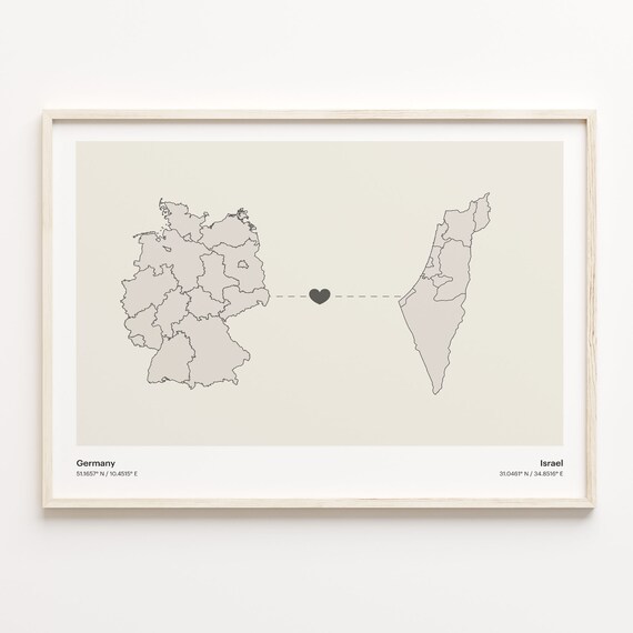 Germany to Israel Heart Connection Minimalist Country Map Poster