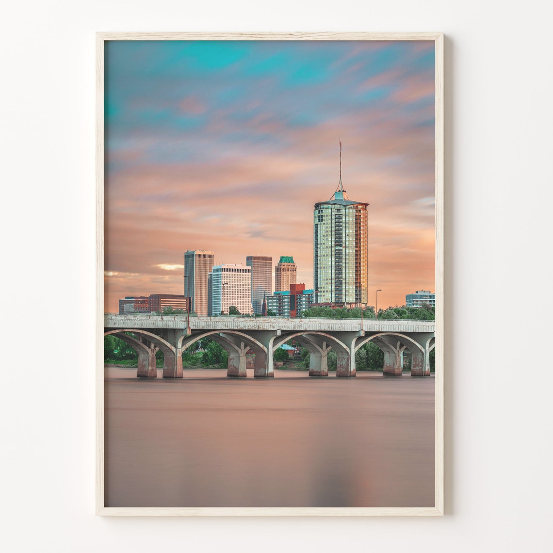 Tulsa Oklahoma Downtown Skyline Sunset River Bridge Photo Poster