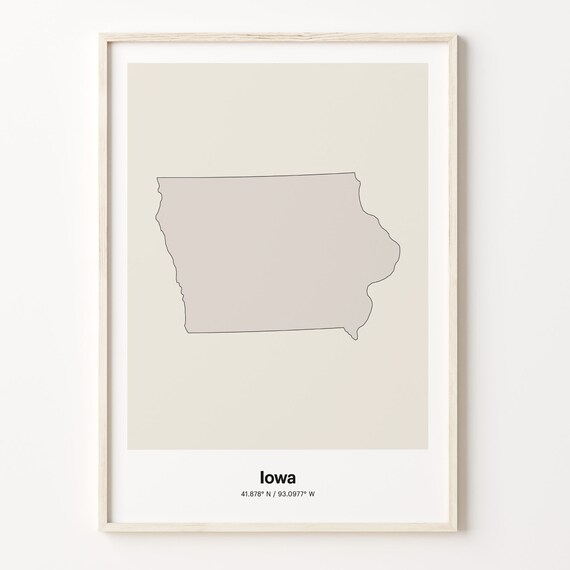 Iowa Minimalist State Map Line Art Coordinates Beige Wall Poster