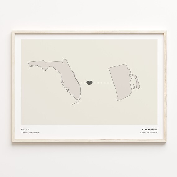 Florida to Rhode Island Heart Map Long Distance Love Art Poster