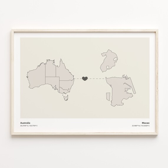 Australia To Macao Heart Map Minimalist Country Connection Poster