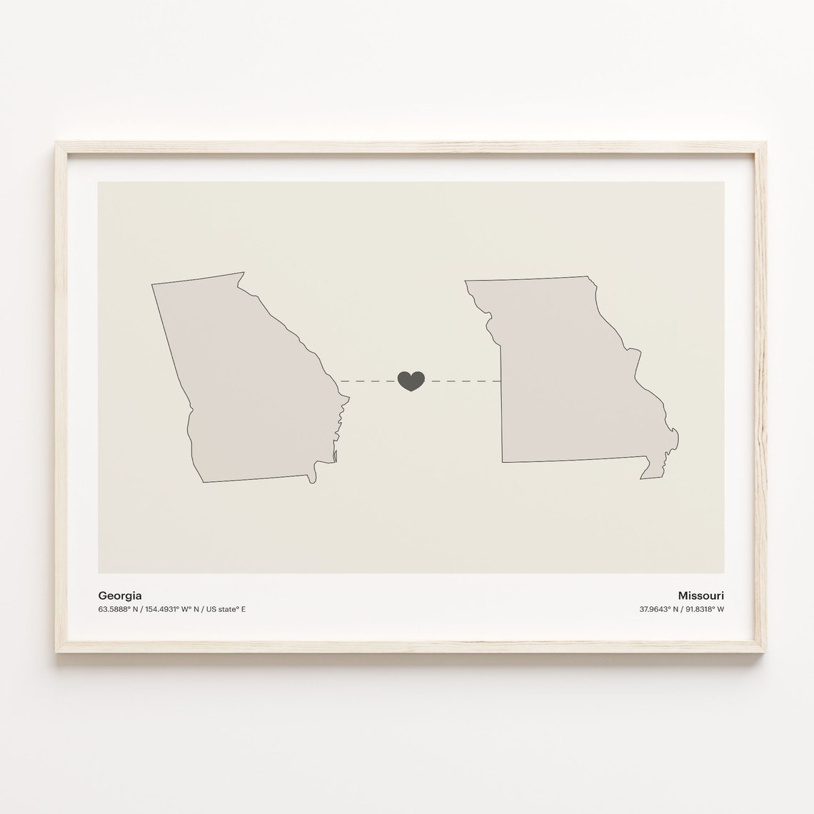 Georgia To Missouri Minimalist Heart Map Long Distance Love Poster