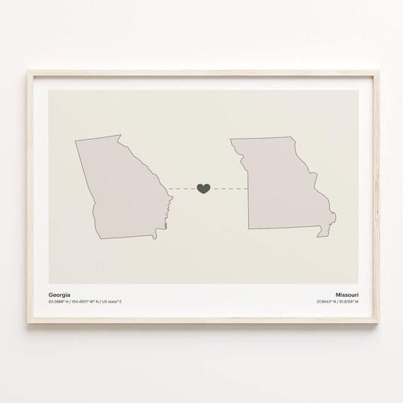 Georgia To Missouri Minimalist Heart Map Long Distance Love Poster
