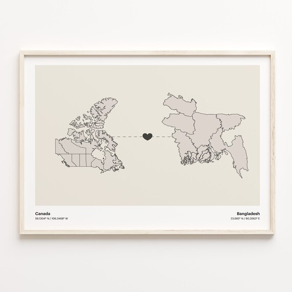 Canada To Bangladesh Long Distance Love Minimalist Map Art Poster