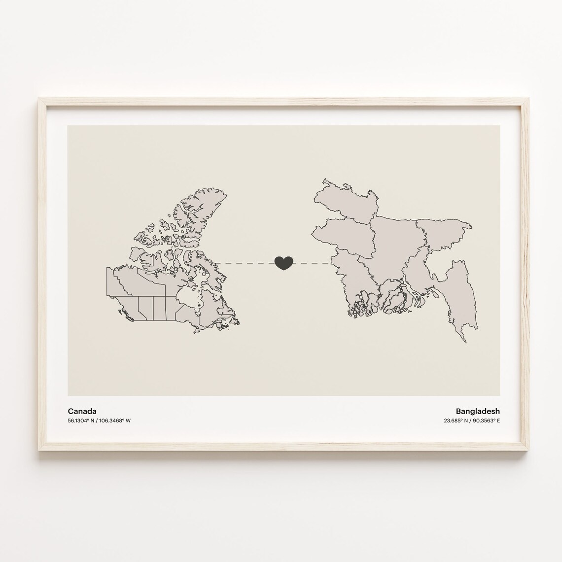 Canada To Bangladesh Long Distance Love Minimalist Map Art Poster