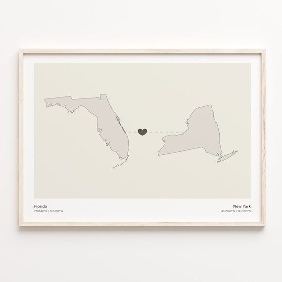 Florida to New York Heart Map Long Distance Love Art Gift Poster