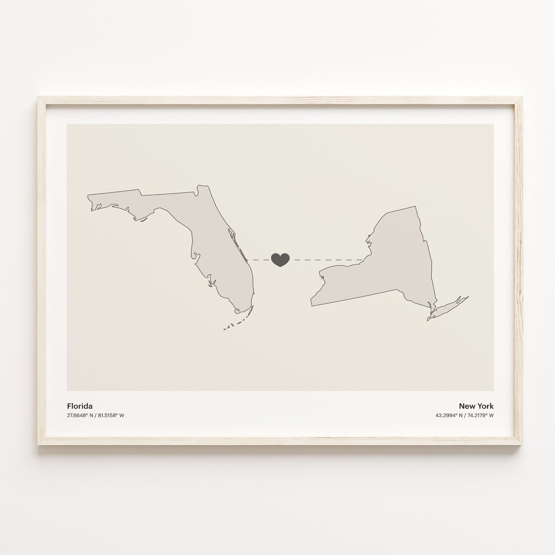 Florida to New York Heart Map Long Distance Love Art Gift Poster