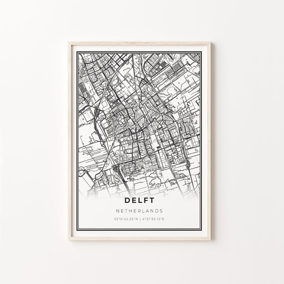 Delft Netherlands Minimalist Black White City Street Map Art Poster