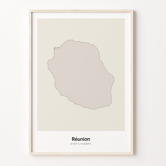 Reunion Island Minimalist Line Art Island Map Neutral Travel Decor Poster