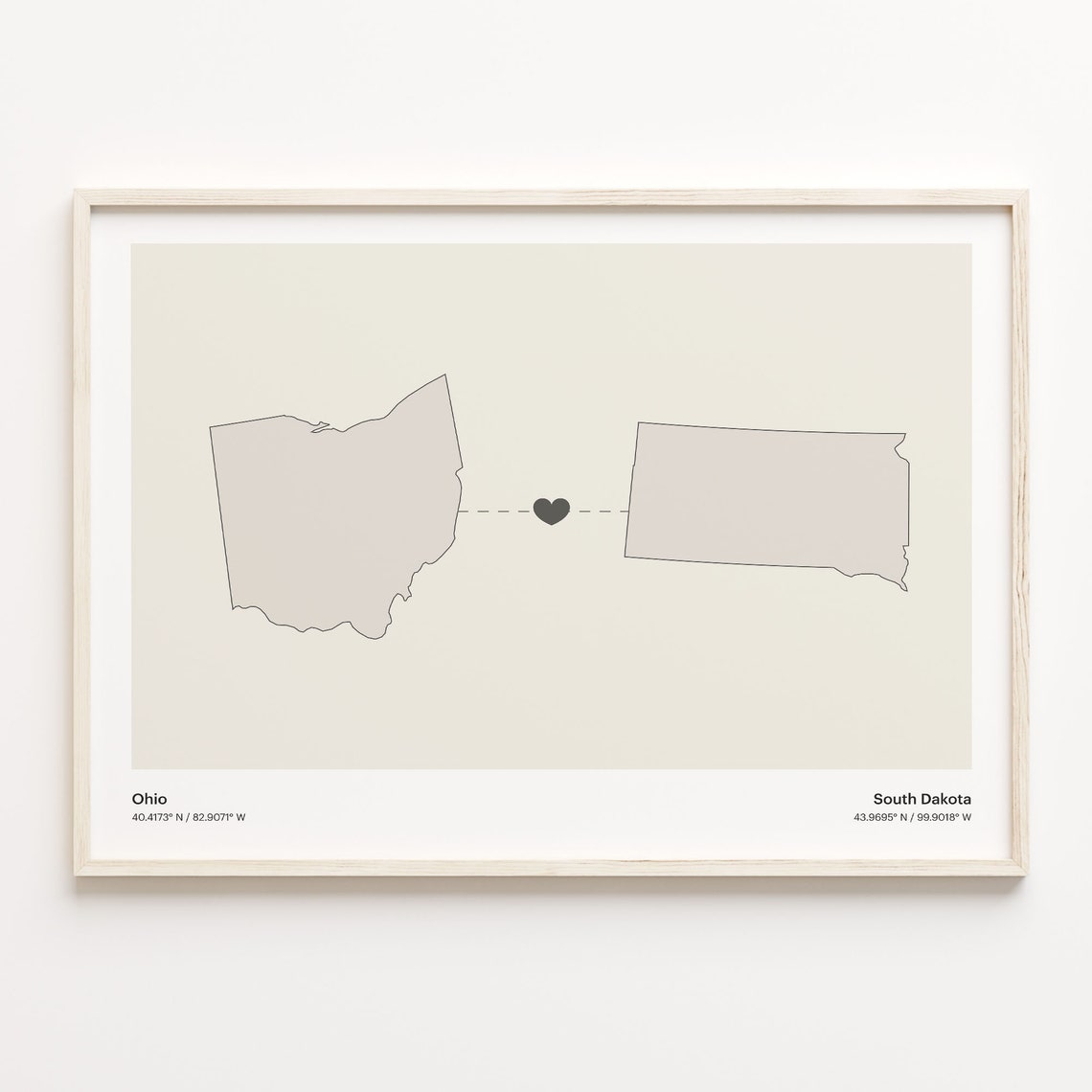 Ohio to South Dakota Minimalist Long Distance Connection Map Poster