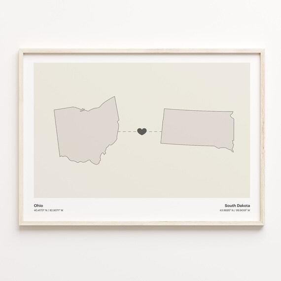 Ohio to South Dakota Minimalist Long Distance Connection Map Poster