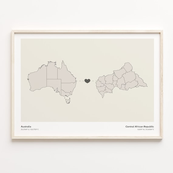 Australia To Central African Republic Long Distance Heart Map Couple Gift Poster