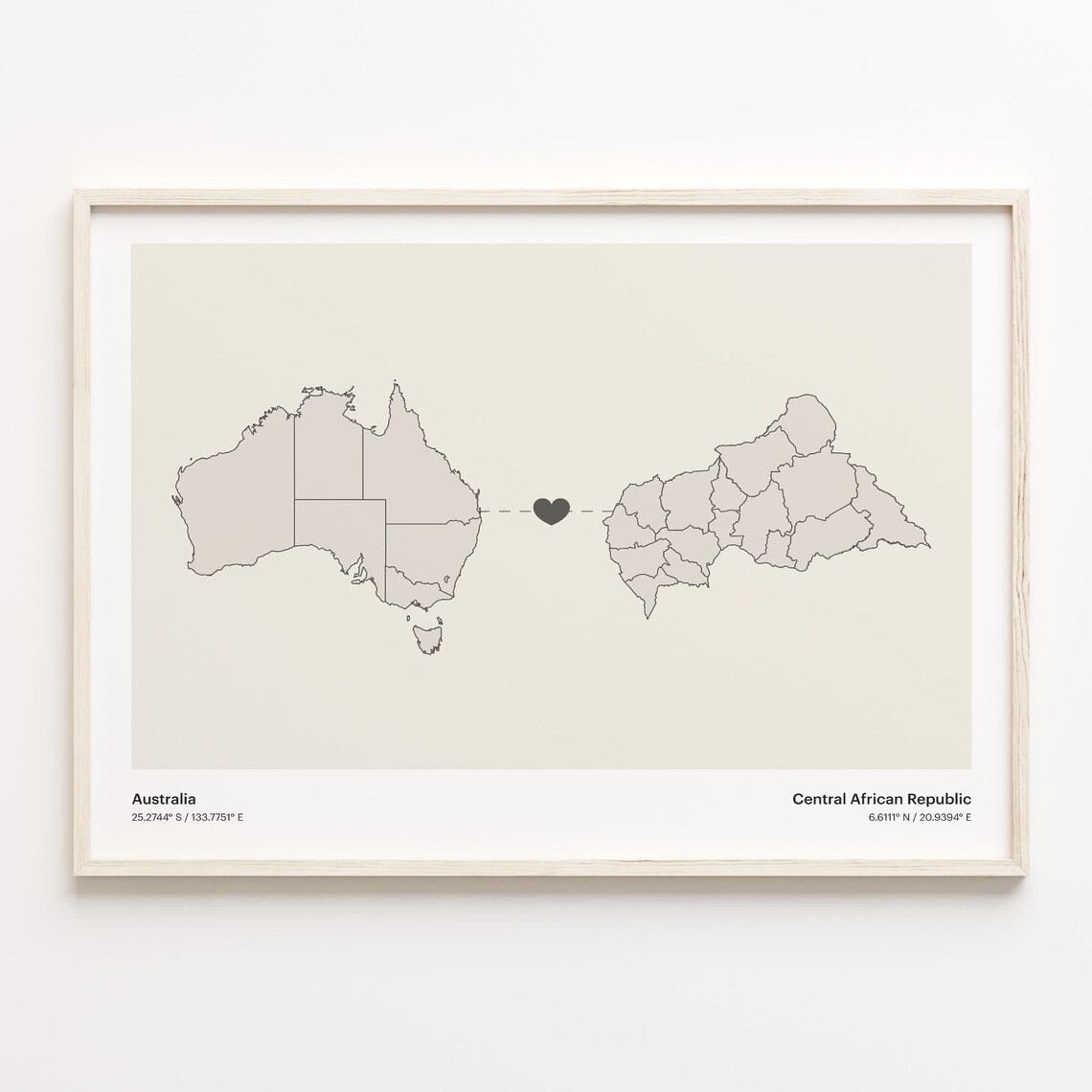 Australia To Central African Republic Long Distance Heart Map Couple Gift Poster