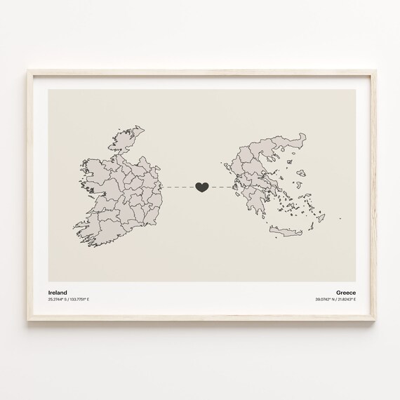 Ireland Greece Country Beige Minimalist Heart Connection Map Poster
